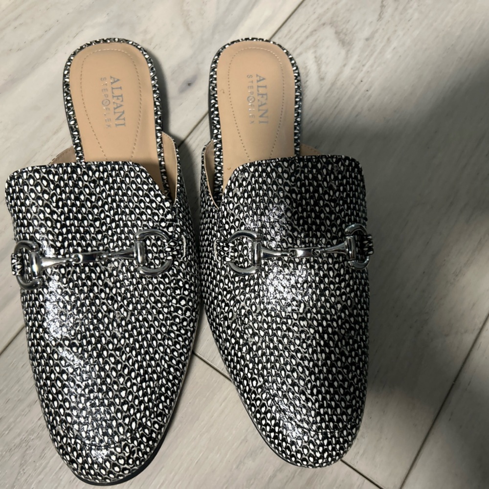Alfani Black & White Patterned Slip-On Mules with Silver Bit